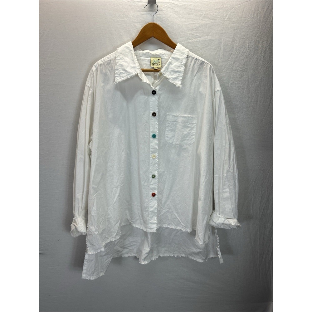 Jaded Gypsy Artisan Boho Top tunic crisp white l/ XL Cotton Button Down raw hem